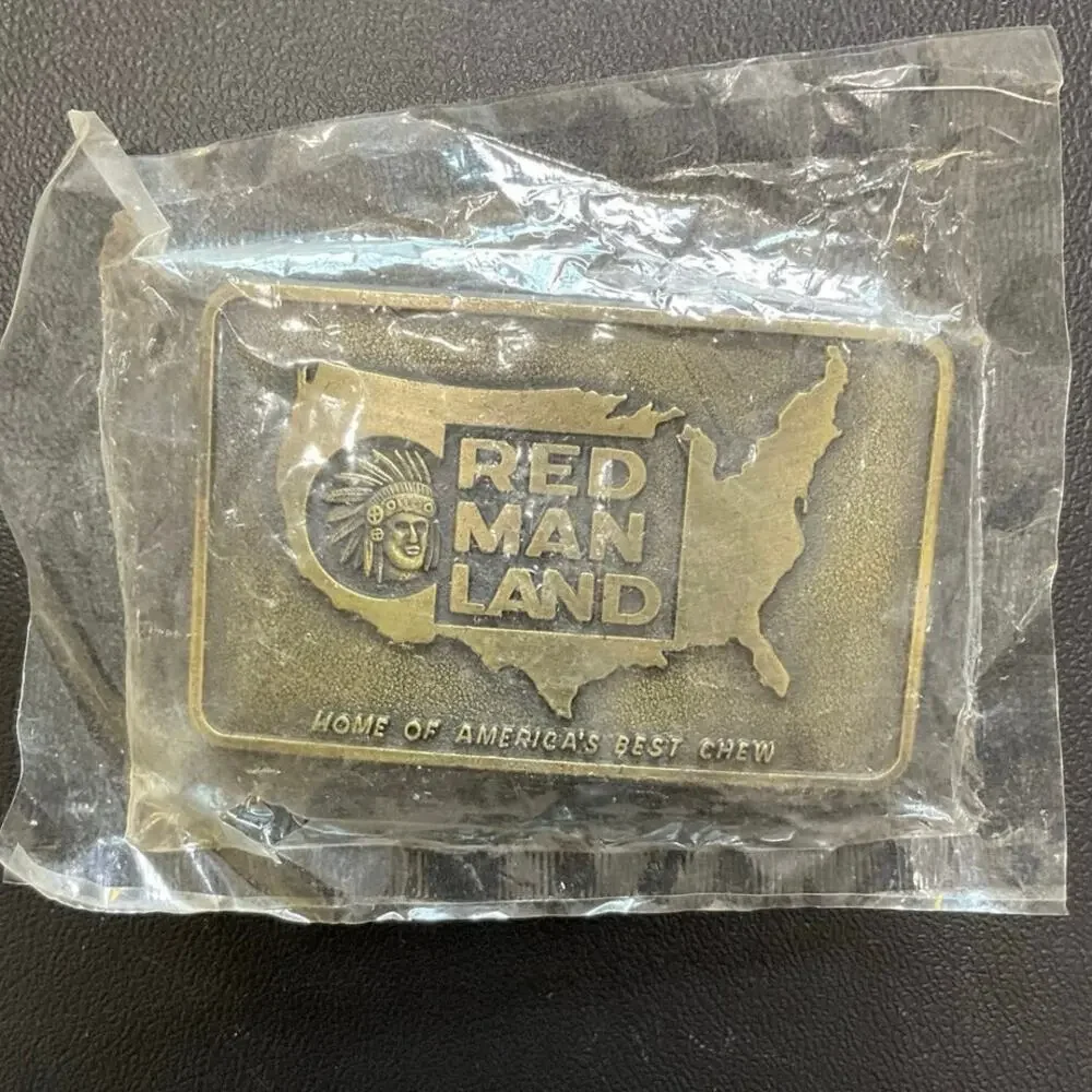 Vintage Red Man Land Brass Tone Belt Buckle Tobacco Americana USA Chew